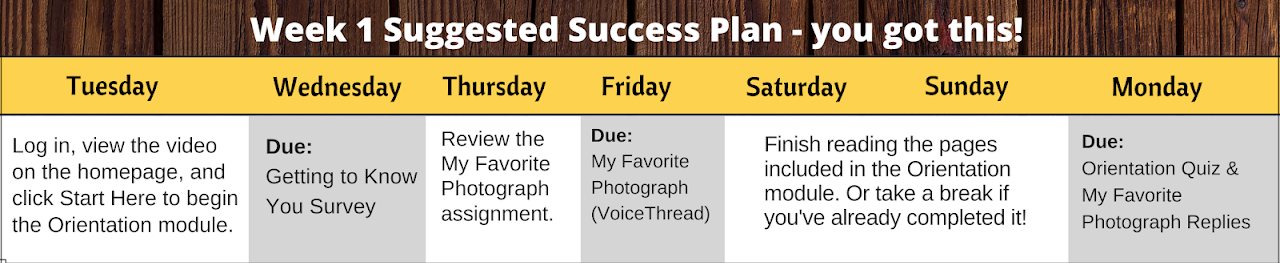 Week 1 Suggested Plan. Tuesday: Log in, view the video on the homepage, and click Start Here to begin the Orientation module. Wednesday: Due Getting to Know You Survey. Thursday: Review the My Favorite Photograph assignment. Friday: Due - My Favorite Photograph (VoiceThread) Saturday and Sunday: Finish reading the pages in the Orientation module. Or take a break if you've already completed it! Monday: Due - Orientation Quiz & My Favorite Photograph Replies